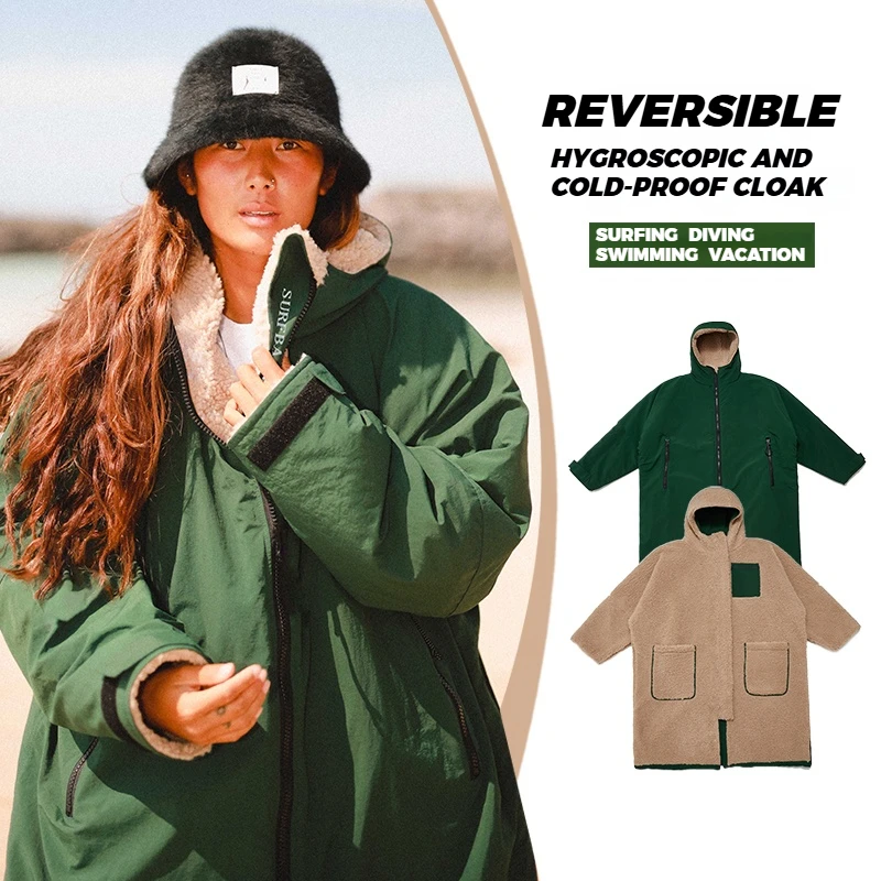 Waterproof Surf Changing Robe Hooded Cloak Beach Surfing Pool Outdoor Coat Lamb Wool Jacket Lining Anorak Raincoat Unisex Bath