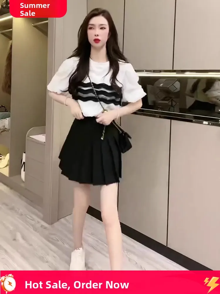 패셔너블한 투피스 세트 여성용 2025년 신상 슬레 에이지 디파잉 탑 플리츠 스커트 여름 의상 클레테 앙상블