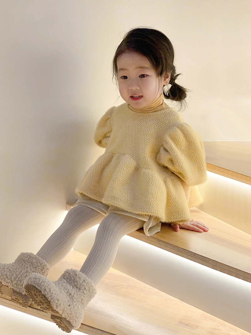 Baby Girl Clothes Princess Party Sets Eco-friendly Mink Fleece Tops With Puff Sleeves Bud Hem Children\'s Clothing From 1 To 7 Y