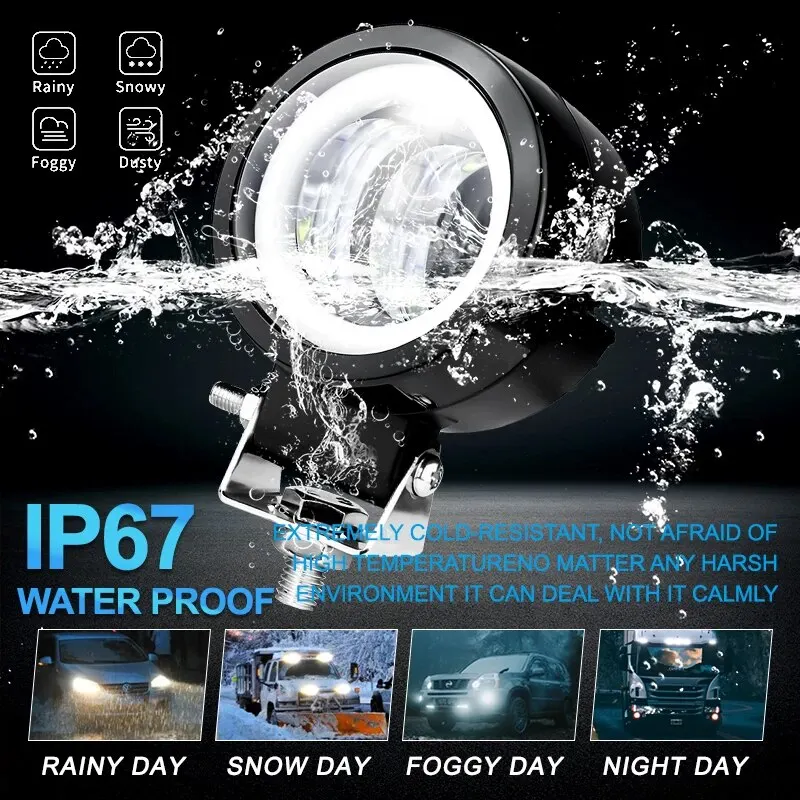 12V 24V Red Blue Yellow Work Light Round Angel Eyes LED Light Bar Portable Spotlights Motorcycle Car Offroad Driving Fog Lamp