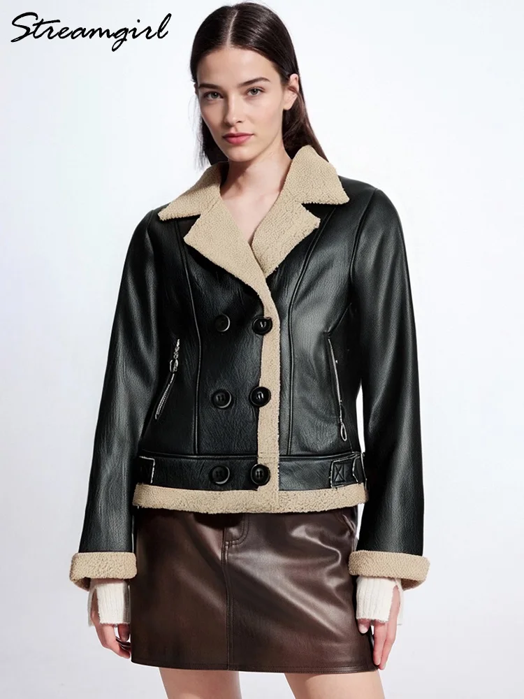 

Streamgirl Winter PU Jackets For Women Warm Fleece Coat Black Thick Warm Leather Jacket Women Winter Fur Coats Outwear Spring