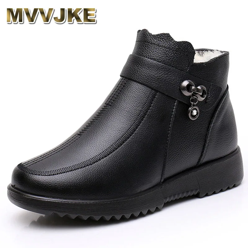

Winter Leather Round Toe Side Zip Comfort Women Ankle Boots Women's Thick Plush Warm Snow Boots Mother Shoes Large Size 35-41