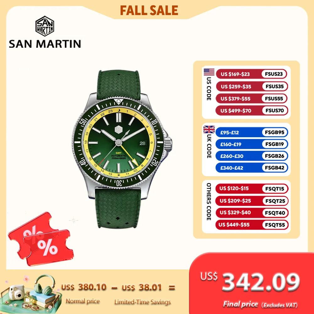 San Martin Original 41mm GMT 3H Date Automatic NH34 Wristwatch Mesh Bracelet Sapphire 200m Waterproof Relogios Masculino SN0119