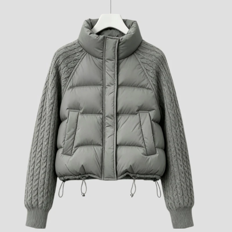 New Women Stand Collar Cotton Jacket 2026 Winter Spliced Knit Sleeve Warm Long Sleeve Top Loose Elegant Versatile Outerwear