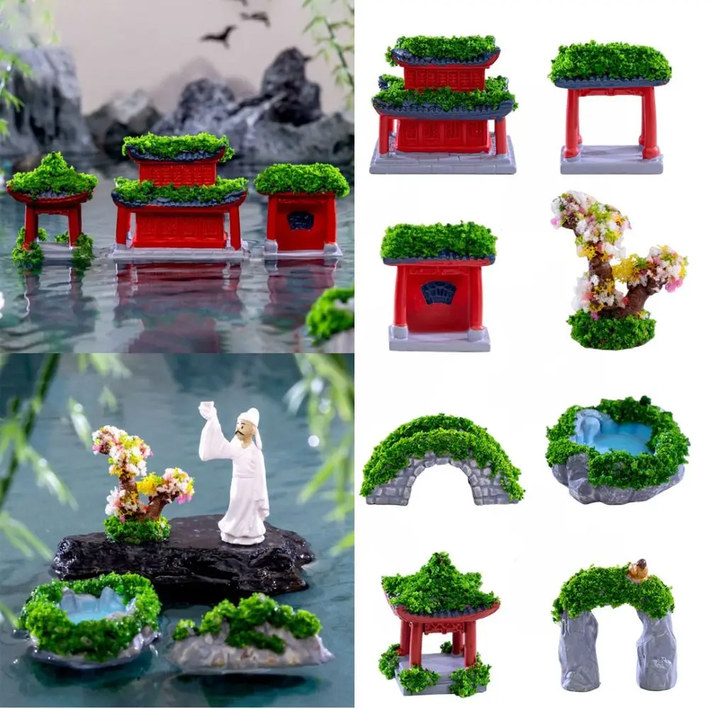 Multicolor Chinese-style Building Figurines Ecological Bottle Resin Moss Scenery Layout Resin Crafts Retro Desktop Knickknacks