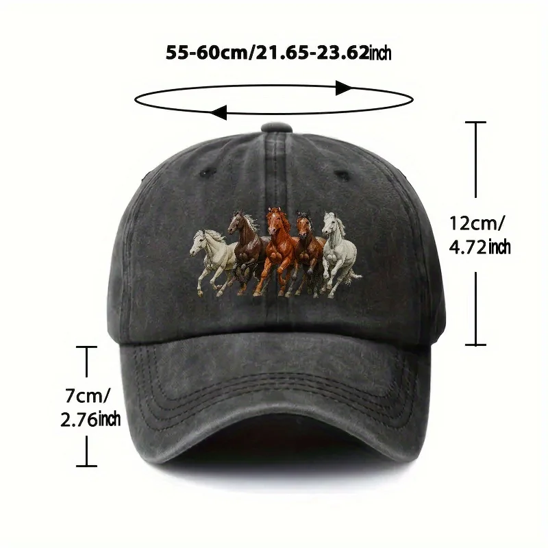 Galloping Horse Print Baseball Cap Unisex Adjustable Cotton Washed Denim Cap for Horse Racing Events Daily Wear