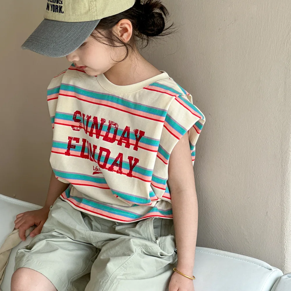 

Girls T-shirt Short Sleeve 2024 New Summer Children Striped Crew Neck Top Summer Girls Loose Half Sleeve Simple Casual