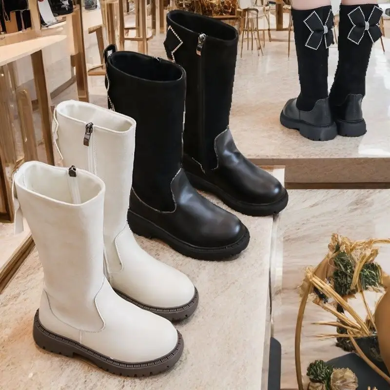 

2025 Autumn Winter New Children High Boots for Girls Fashion Korean Style Soft Bottom Anti-slippery Versatile Princess Pu Shoes