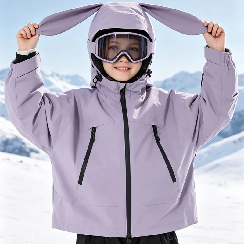 Kids Cute Bunny Ear Ski Jacket Solid Color Single Double Waterproof Windproof Warm Breathable Outdoor Winter Sports Snowwear