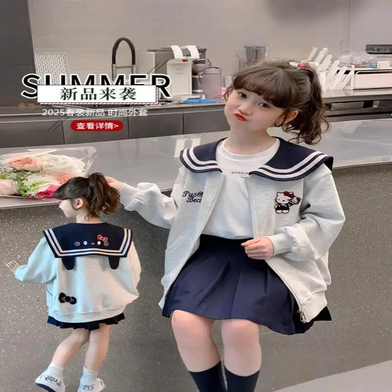 

Hot Sanrio Hello Kitty Kids Girls Kawaii Y2K Anime Children's Clothing Clothes Coat 2025 Girl Outerwear Padding Baseball Jersey