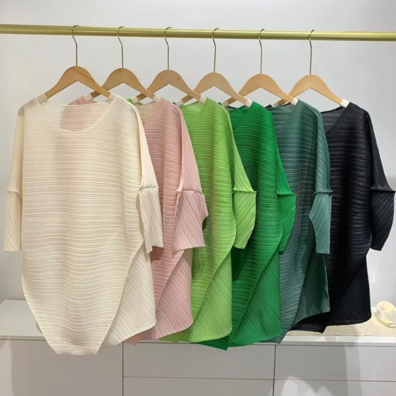 

Miyake летние плиссированные топы женские свободные футболки средней длины с длинными рукавами женские простые повседневные пригородные топы высокая эластичность