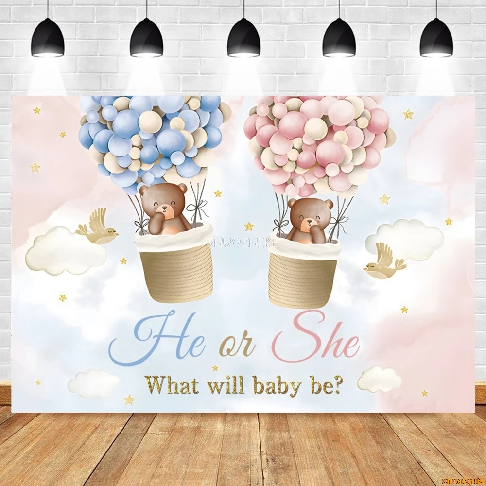 Gender Reveal Boy Or Girl Backdrop Blue Pink Elephant Bear Balloon He Or She Newborn Baby Shower Photography Background Decor