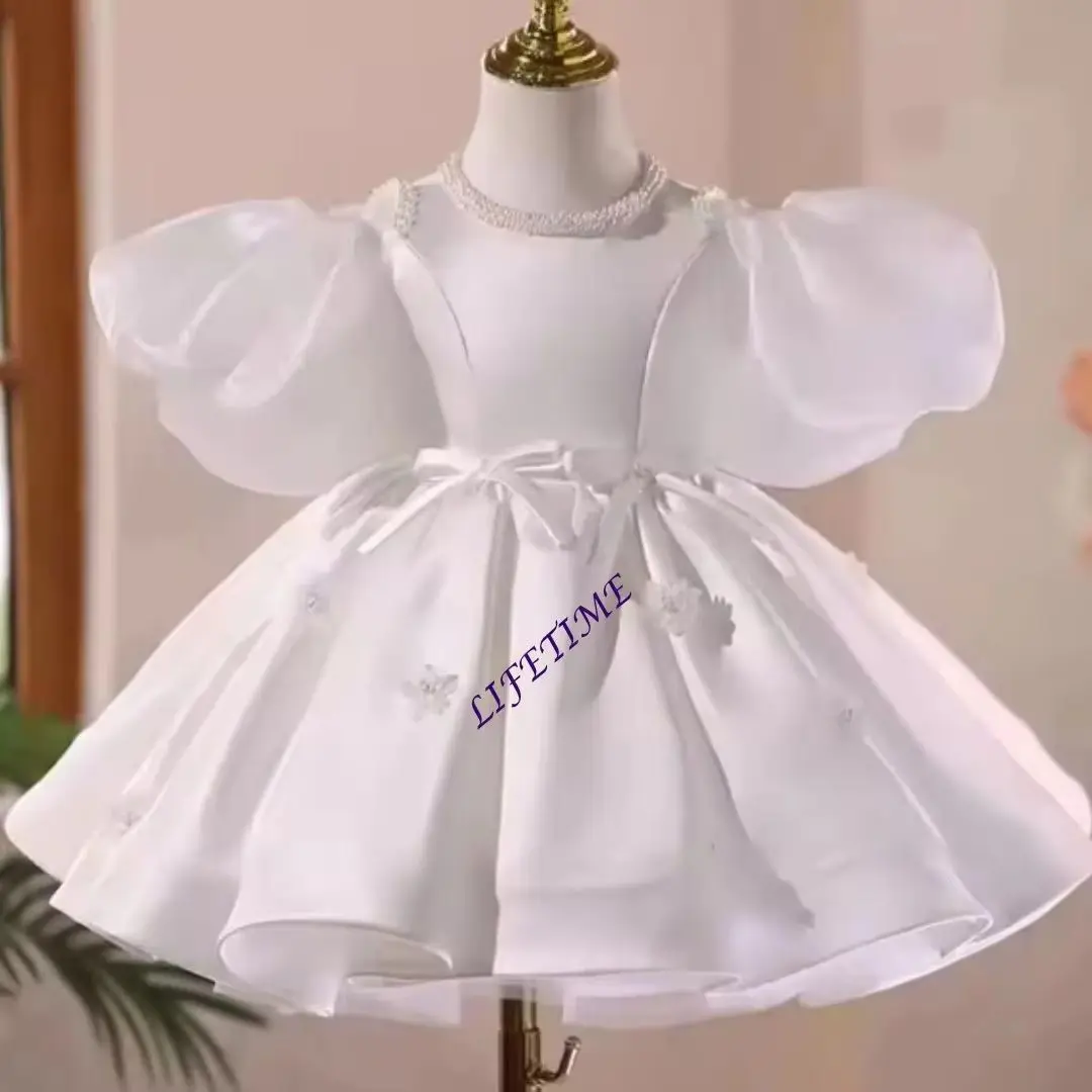 Customized White Flower Girl Dress for Kids with Bow Pearls Short Sleeve Elegant Wedding Birthday First Communion Dress