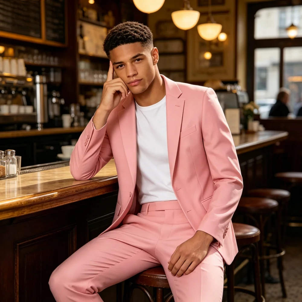 

Мужской летний костюм-двойка Slim Pink: модный, с отложным воротником, однобортный, для бизнеса, повседневной носки и свадеб, с пиджаком и брюками