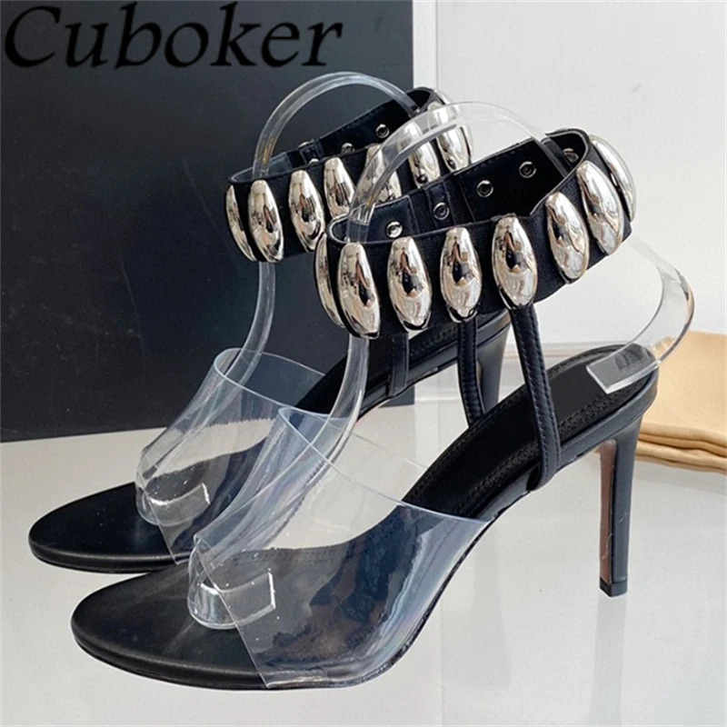 

2024 Summer Clear PVC Thin High Heel Sandals Women Fashion Metal Buckle Ankle Wrap Stilettos Sexy Party Dress Rome Sandals Femme