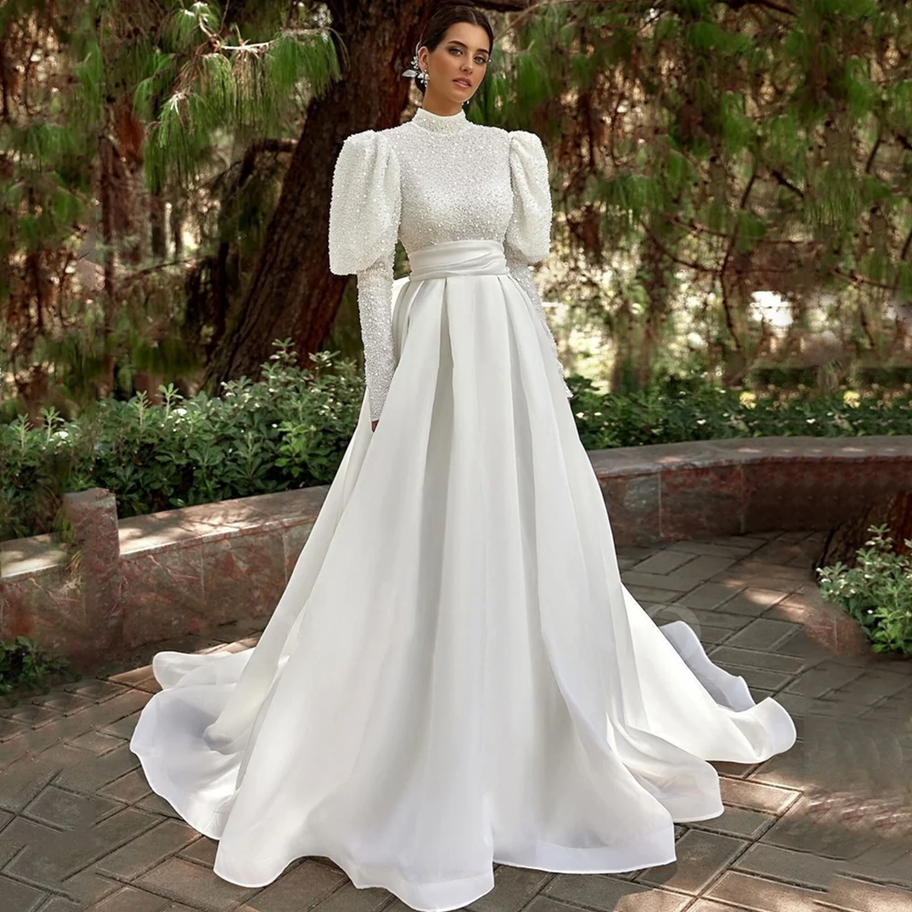 Exquisite High Neck Sequin Wedding Dress Puff Long Sleeves A-Line Floor Length with Belt Customized Sweep Train Bride Gowns Robe