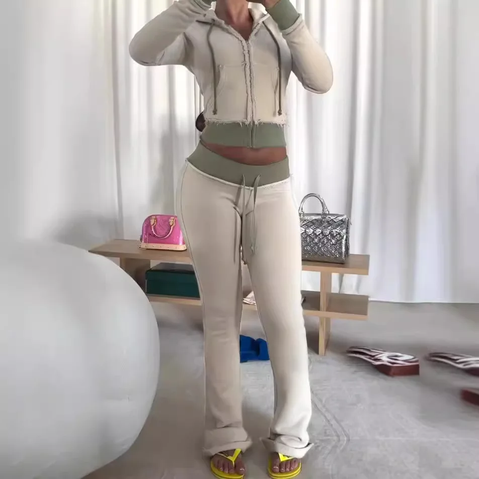 Women's Casual Suit with Brushed and Contrasting Straps Design, Hooded Long Sleeved Cardigan, Slightly Flared Long Pants