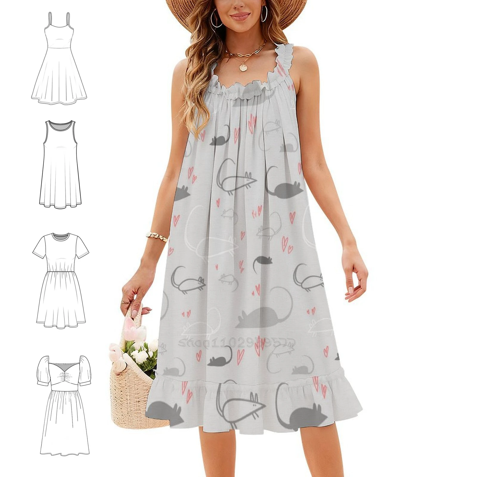 Naive Rat Pattern Grey Bohemian Sleeveless Dress Multi-Print Beach Vacation Party Dress Rat Rodent Cute Pattern Modern Grey