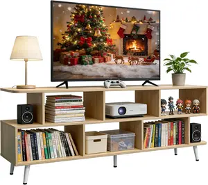 65 Inch TV Stand with 8 Open Shelves, Sturdy Media Console for Living Room, Easy Assembly, Walnut Finish