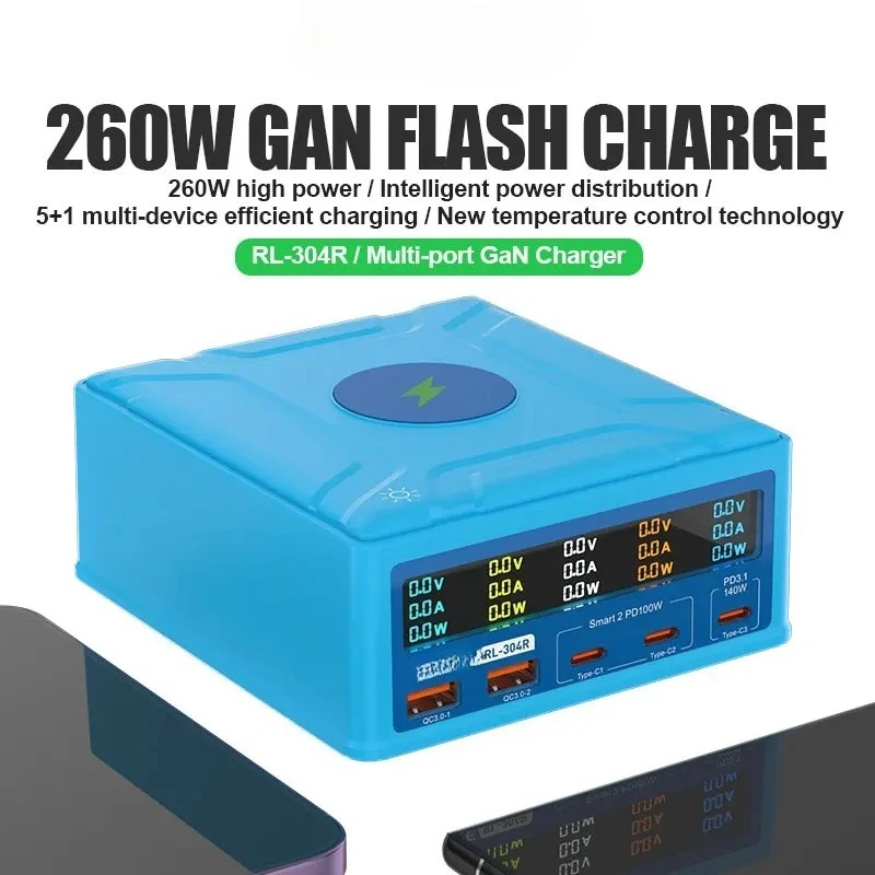 RL-304R 260W Многопортовое зарядное устройство GaN 5+1 для эффективной зарядки нескольких устройств, интеллектуальное распределение энергии