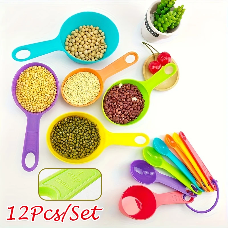 12 Pcs Measuring Cups and Spoons Set Colored Kitchen Measure Tools Durable Nesting Cups and Spoons for Dry and Liquid