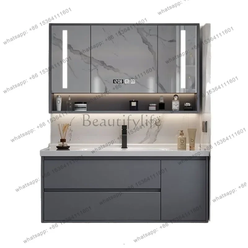 Solid wood light luxury bathroom cabinet combination modern ceramic integrated basin intelligent wash basin light luxury style