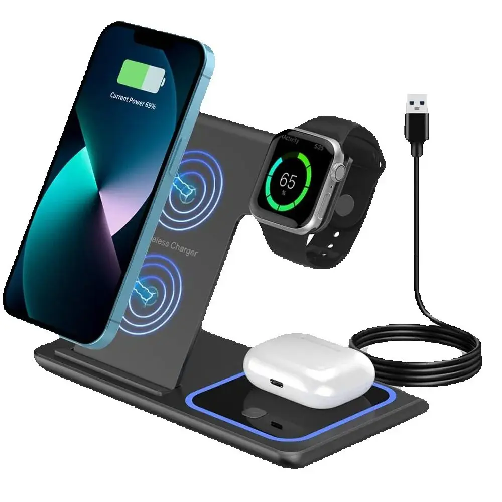 15W 3 in 1 LED Fast Wireless Charger Stand Foldable Charging