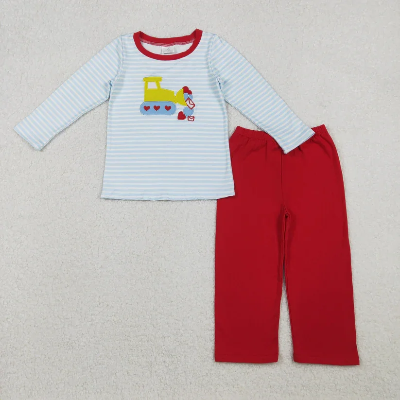 

In stock Heart Trucks Embroidery Stripes Top Red Pants Boys Valentine's Day Clothes Set