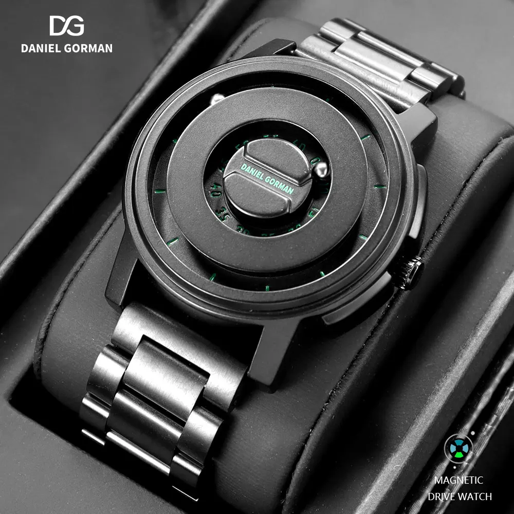 DANIEL GORMAN Black Green Quartz Watch Men Magnetic Driven Waterproof Wristwatch with Stainless Steel Band Beads Pointers 0118