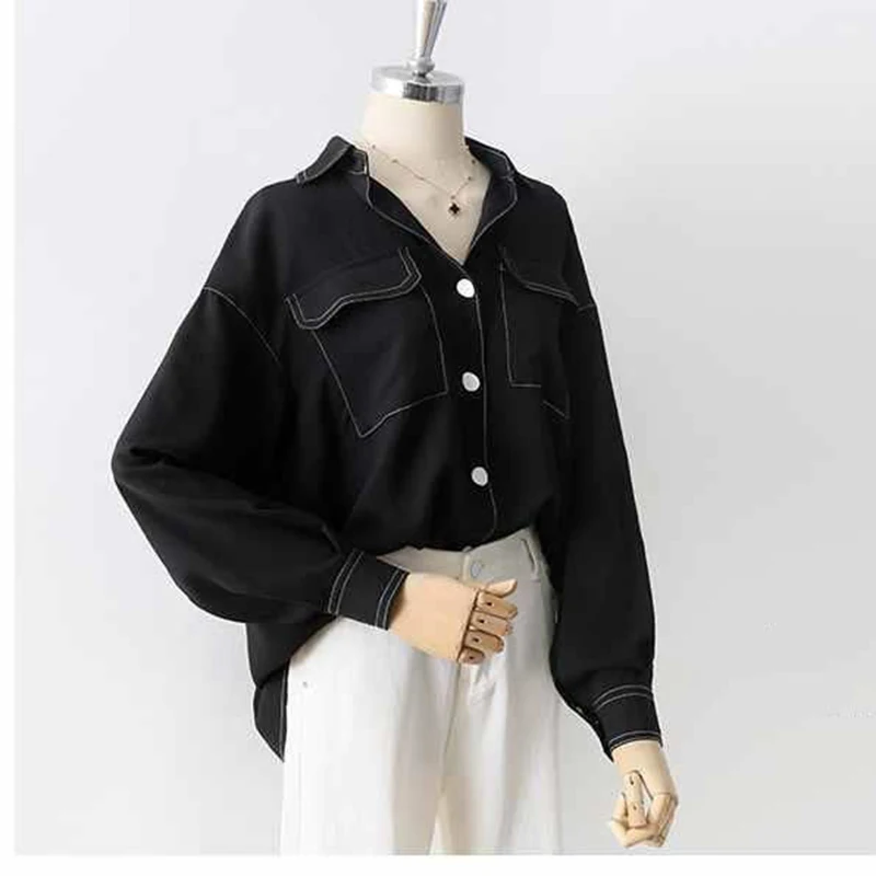 Gidyq Elegant Women Chiffon Shirts Female Korean Design Double Pocket Loose Blouse Casual All Match Button Long Sleeve Shirt New