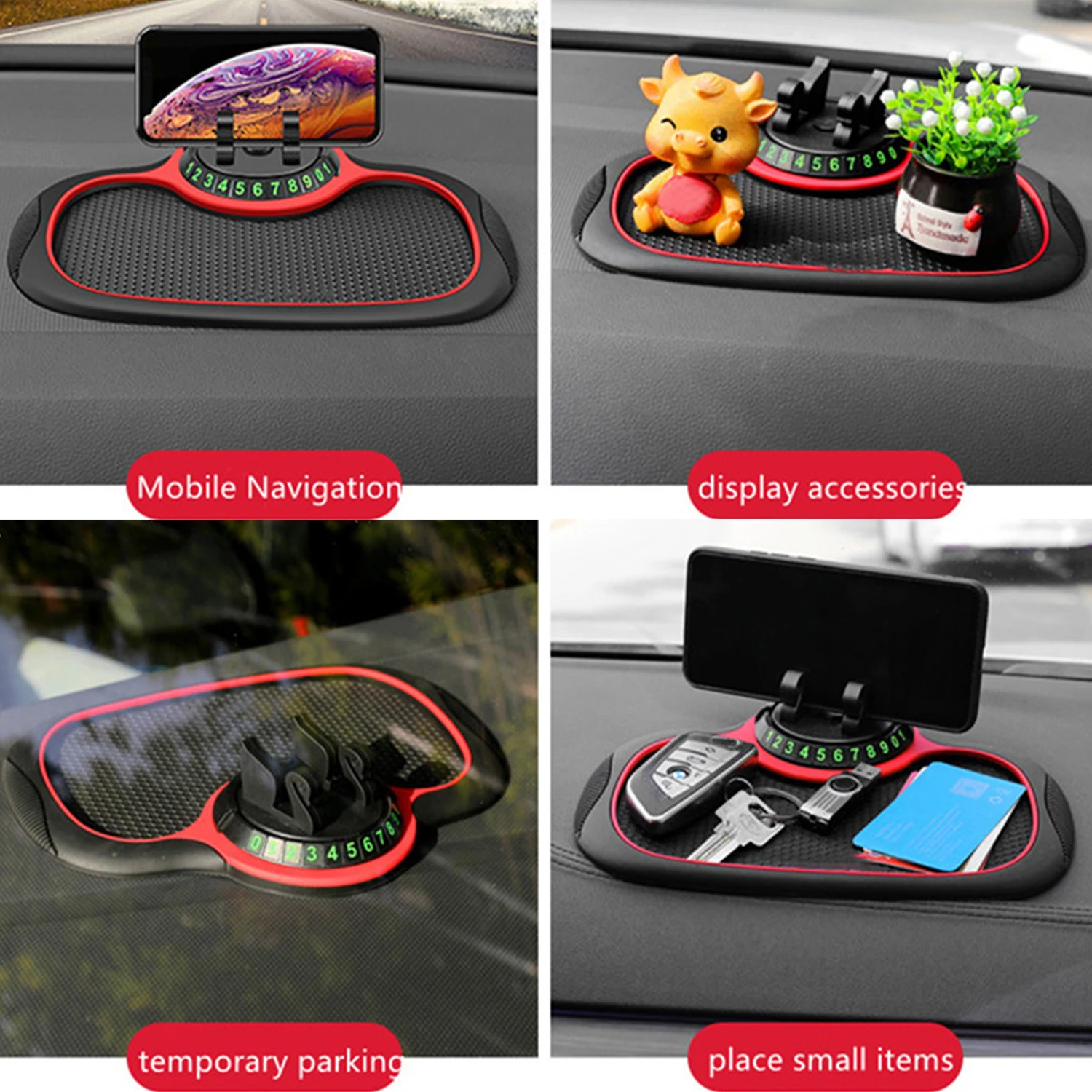 3-in-1 Car Non Slip Mat Phone Holder Dashboard 360° Rotatable Cell Stand Parking Number Plate Car Interior Storage Accessories - view 3