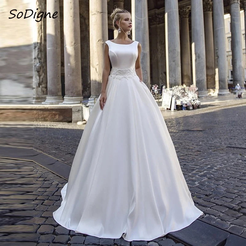 

SoDigne Satin Simple A-line Wedding Dress O-neck Sleeveless Appliques Bride Dresses Long Elegant Bridal Gown Vestido De Noiva