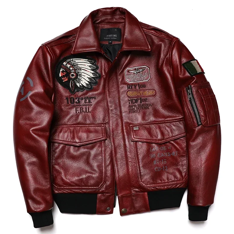 2022 New Indian Embroidery A2 Flying Pilot Suit Genuine Leather Jacket Men's Cowhide Aviator Jackets 100% Leather Red Clothing