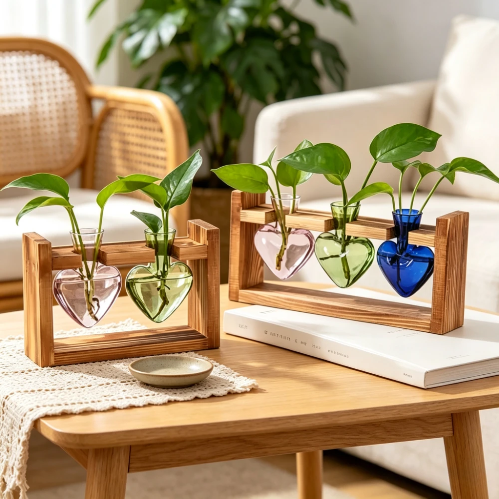 Modern Heart‑Shape Glass Vase with Wooden Holder Colorful Hydroponic Plant Flower Pot Plant Propagation Station Home Decor