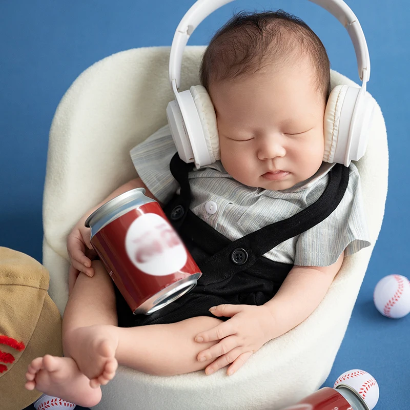 Cool Boy Theme Photography Clothing American Boy Overalls + Top 2pcs/Set Simulation Headphones Props Studio Shooting Background