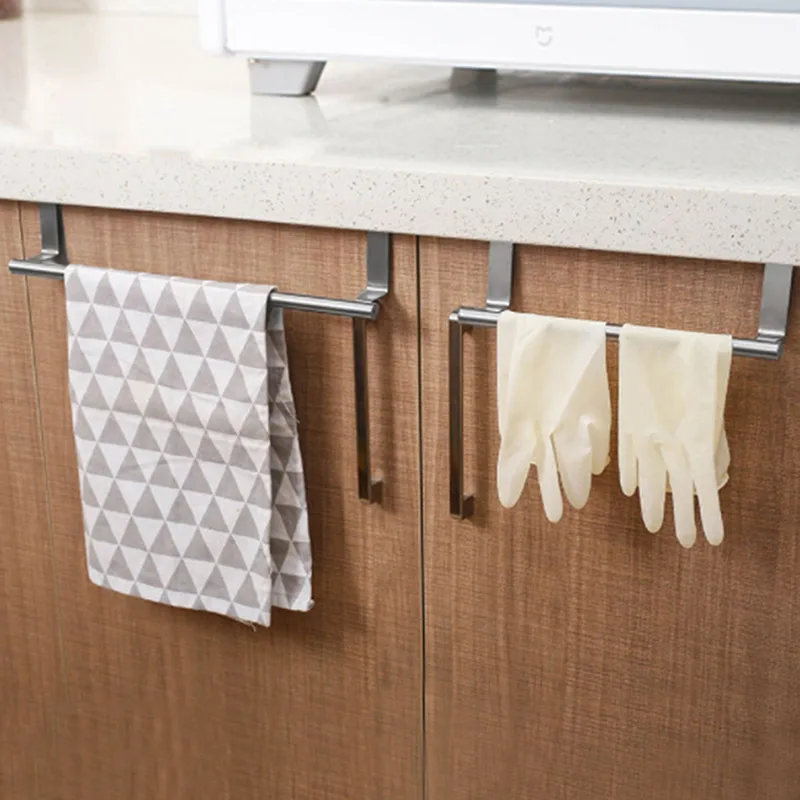 Stainless Steel Towel Racks No Punching Kitchen Cabinet Door Towel Rack Bar Hanging Holder Rag Shelf Hanger Home Organizer Hooks