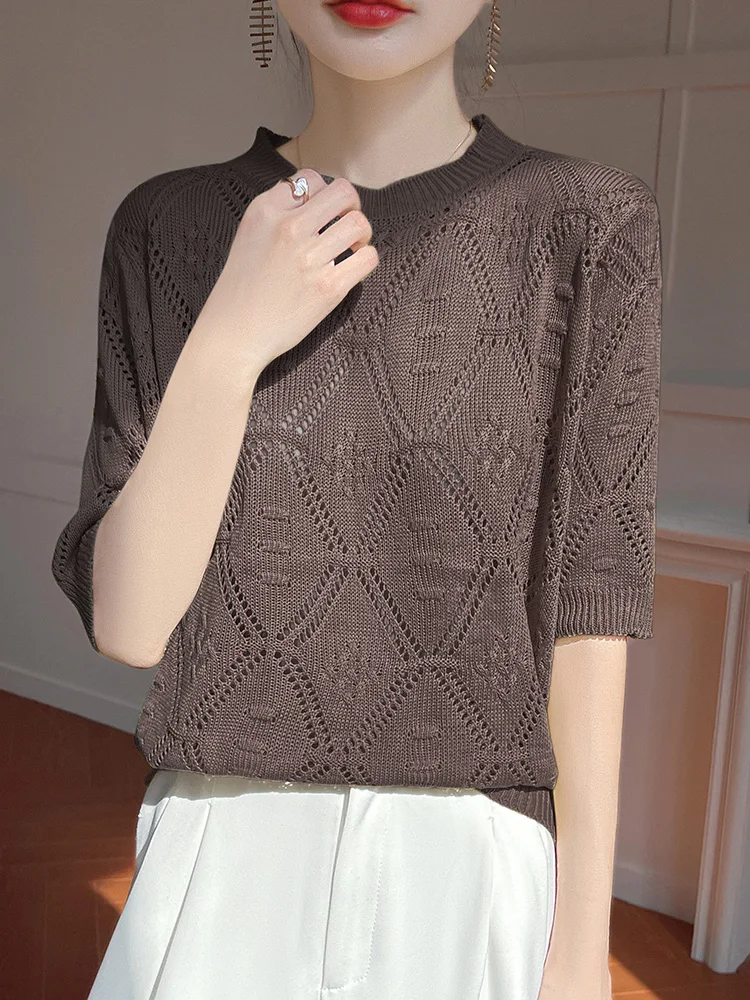 Letnia kolekcja 2025: Nowa damska bluzka z dzianiny lodowego jedwabiu, luźna, codzienna, z diamentowym wzorem, idealna do pracy i na co dzień.