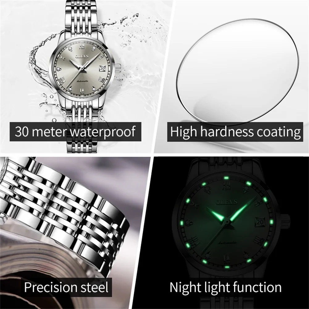 OLEVS-Montre mécanique décontractée pour femme, étanche, acier inoxydable, gris, automatique, 600