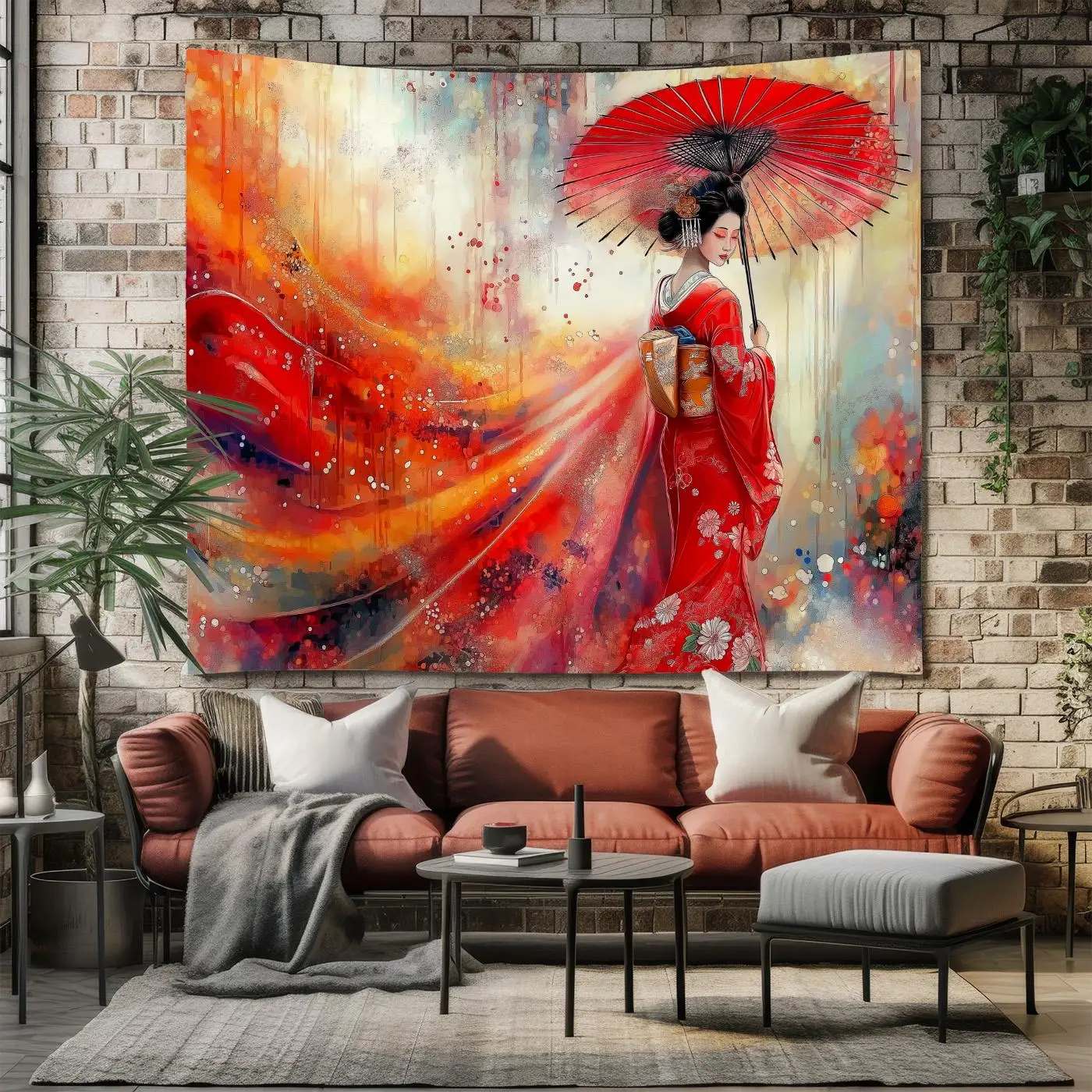 Vibrant Red Woman Umbrella Art Tapestry Bohemian Wall Hanging Watercolor Style Home Decor Poster