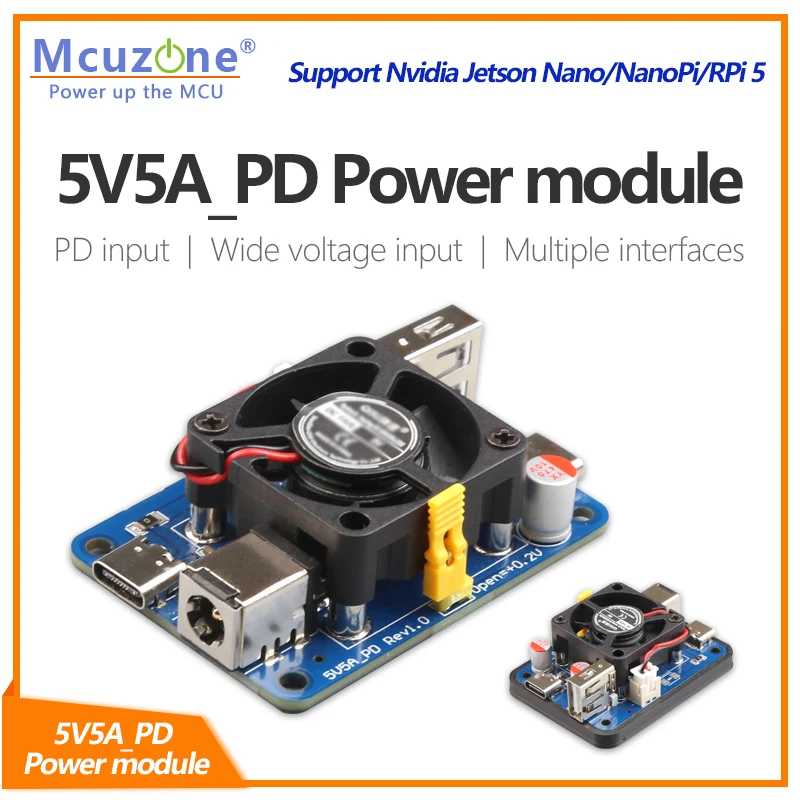 5V5A PD power,USB-C and USB-A dual port Power module for Raspberry Pi5, support USB-C PD (12V) or DC5.5 input