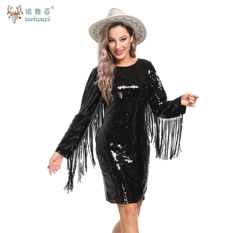 패션 고딕 스타일 라운드 넥 스팽글 술 긴 소매 슬림 볼 드레스 엉덩이 스커트 빛나고 반짝임