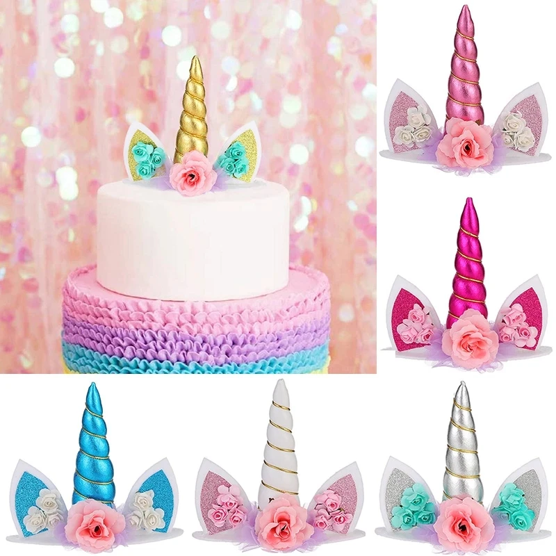 Adorno para tarta de unicornio, cuerno de arcoíris, herramientas de decoración para tarta de fiesta de cumpleaños para niños y niñas, suministros para fiesta temática de unicornio para boda y Baby Shower