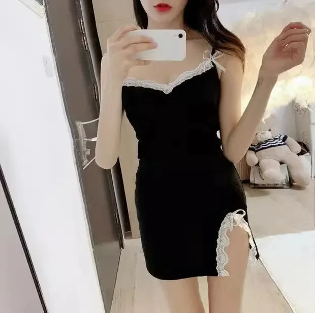 Ladies Summer Sexy Suspender Nightdress Lace with Chest Pad Thin Nightdress Polka Dot Decoration Pure Desire Sexy Sleepwear Wome
