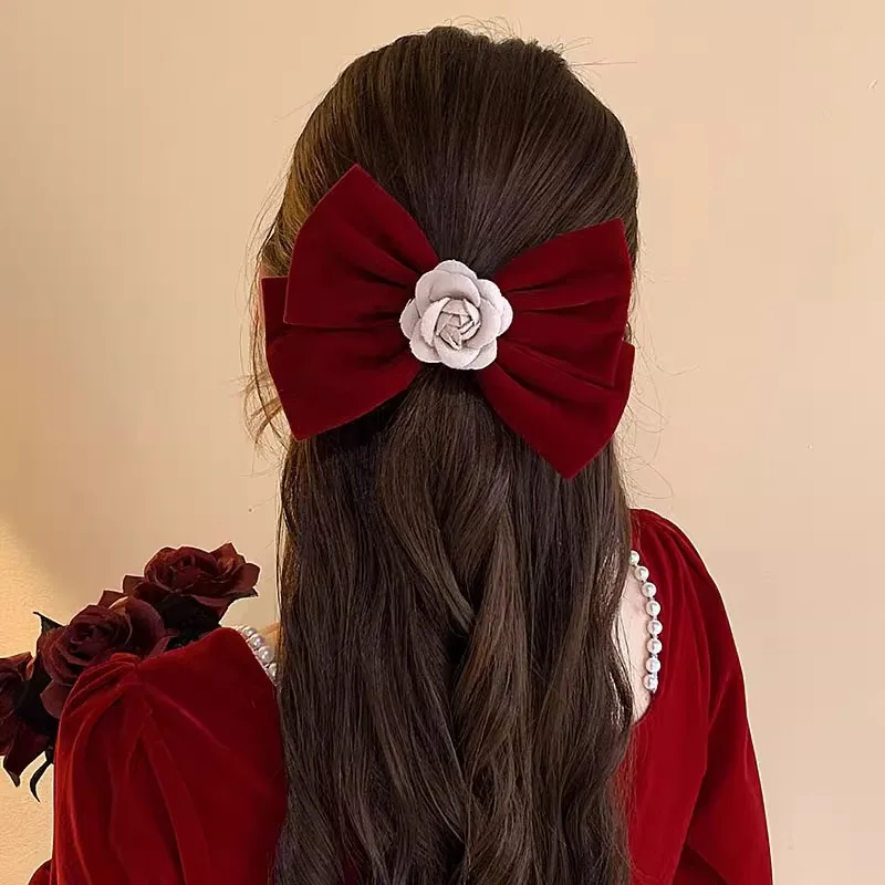 خمر المخملية Bowknot توك شعر أحمر مخملي كبير القوس دبوس الشعر مشبك علوي أنيق ذيل حصان كبير الانحناء إكسسوارات الشعر
