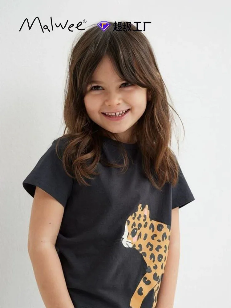 

Malwee solid color animal print round neck short children's tops casual cute commuting comfortable pure cotton versatile babytee