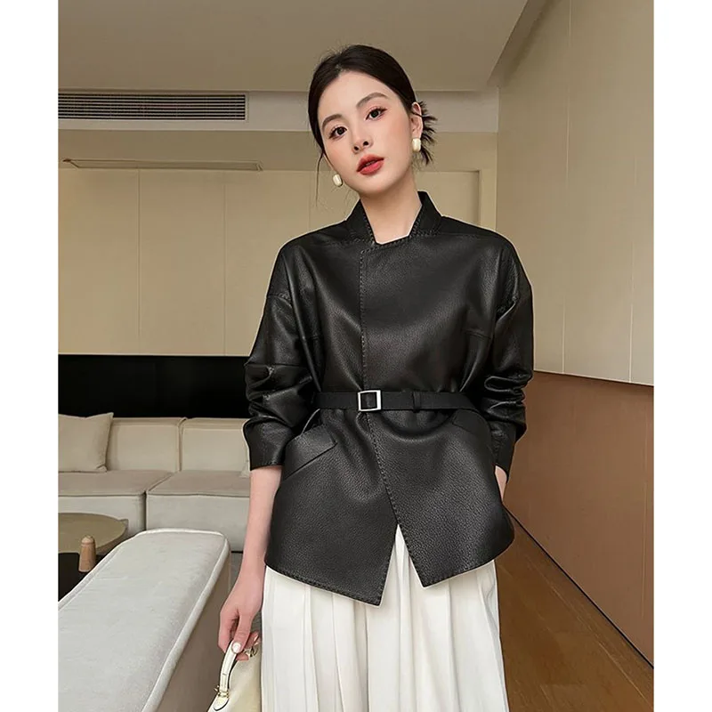 High End PU Leather Jacket 2025 NEW Women's Spring Autumn Korean Version Black Short Belt Leather Coat Female 4XL
