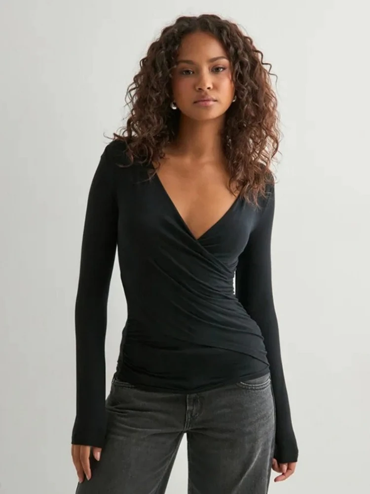 

Solid Color T Shirts For Women Streetwear V-neck Y2k Top Long Sleeve Camisetas Crossing Ropa De Mujer Slim Fit Feminist Clothes