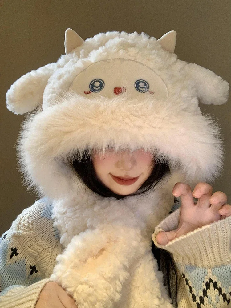 

Cute little sheep plush hat women's winter new cold-proof and warm hat scarf integrated thickened ear protector Lei Feng hats