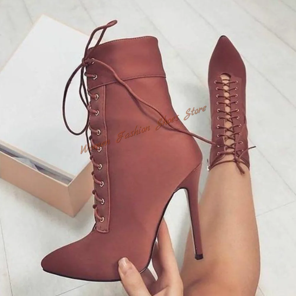 

Brown Lace up Pointed Toe Boots Mid Calf Stilettos High Heels Suede High Heel Shoes for Women Heels 2024 New Zapatos Para Mujere