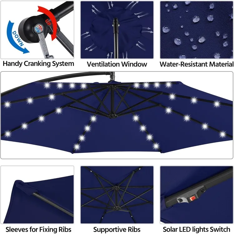 10ft Solar Offset Regenschirm mit 32 LED-Leuchten Cantilever hängen Outdoor-Regenschirme handliche Kurbel & Kreuz Basis für Rasen/Deck